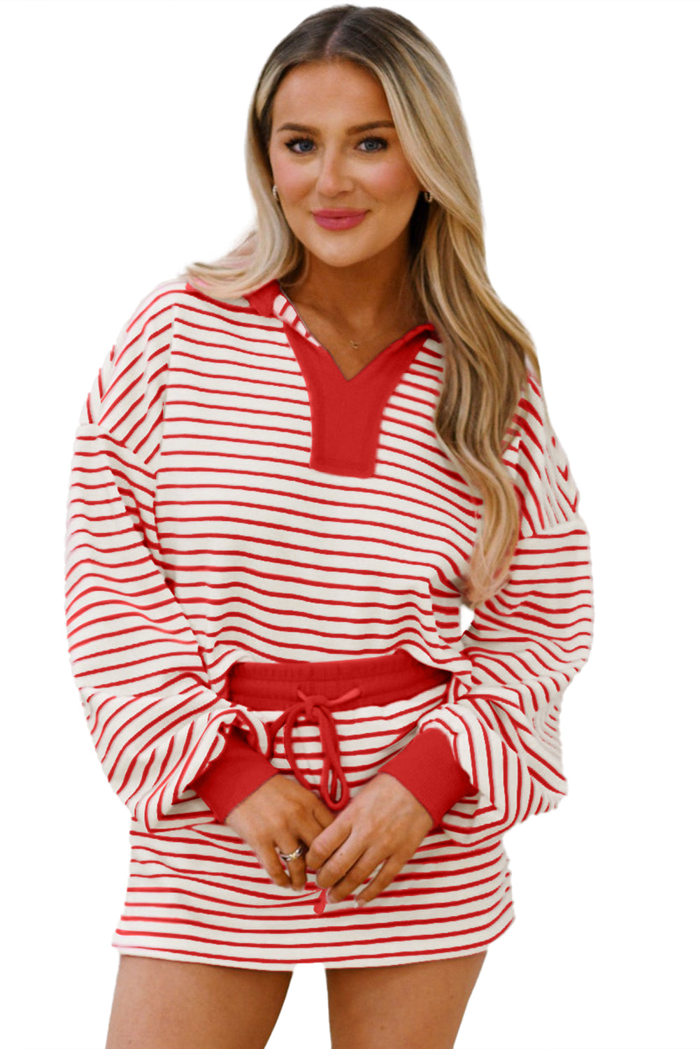Red Stripe Collared V Neck Drop Shoulder Pullover and Skirt Set Two Piece Skirt Sets 65fcdd1bdbfa6df2