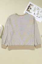 Brown Plus Size Stripe Ribbed Trim Drop Shoulder Long Sleeve Oversized Top Plus Size Tops 66034b74ee42dfad