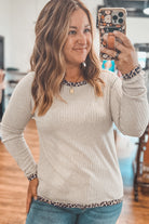 Parchment Ribbed Contrast Leopard Edge Round Neck Plus Size Top Plus Size Tops 662955301bd0b389