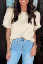 Oatmeal Solid Color Textured Puff Sleeve T-shirt T Shirts 6634bc98e14a9fbe