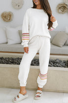 Beige Striped Drop Shoulder Pullover and Jogger Pants Active Outfit Two Piece Pants Sets 6683a7f8149ec5db