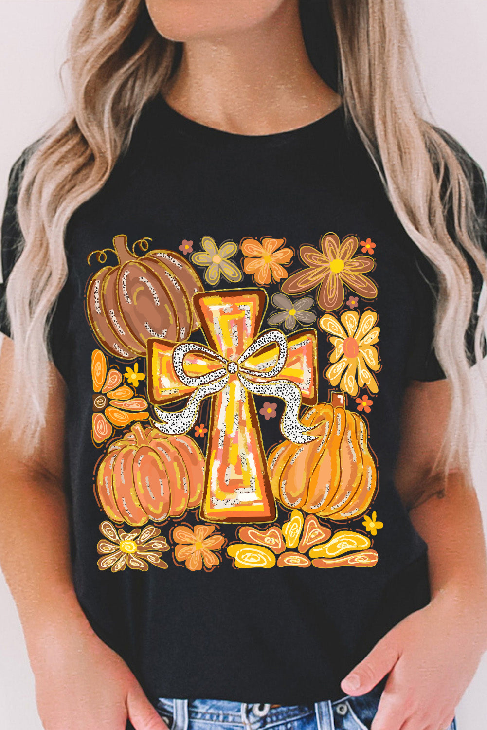 Black Thanksgiving Pray Cross Pumpkin Heat Transfer Printing Graphic Cotton Blend Tee Graphic Tees 66bbb46badeb3839