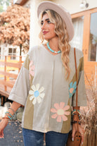 Light Blue Flower Patched Exposed Seam 3/4 Sleeve top Long Sleeve Tops 66d81a4f6619b799