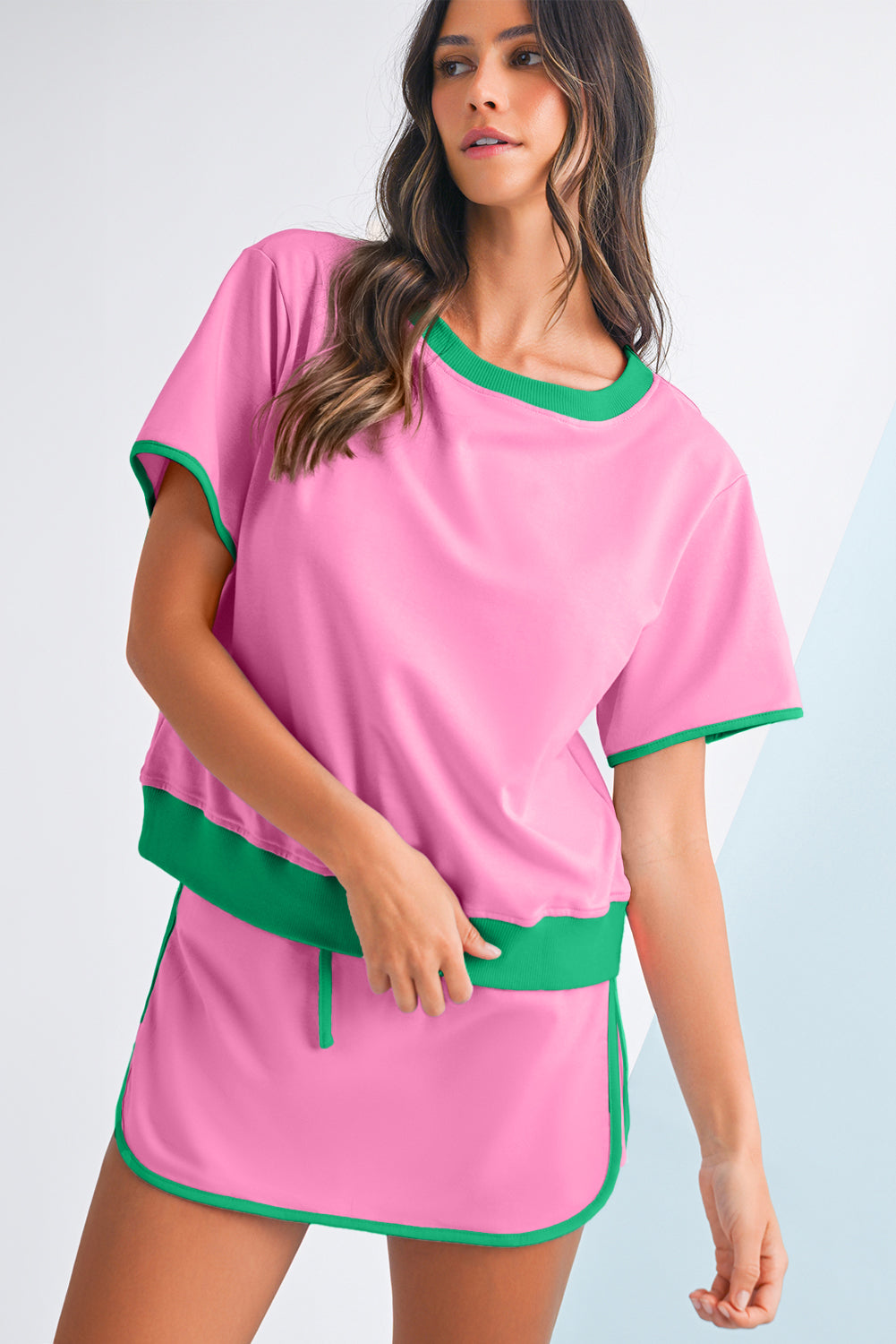 Evergreen Colorblock Edge Drop Shoulder T Shirt and Skort Set Two Piece Shorts Sets 66dfe92f8f96bff4