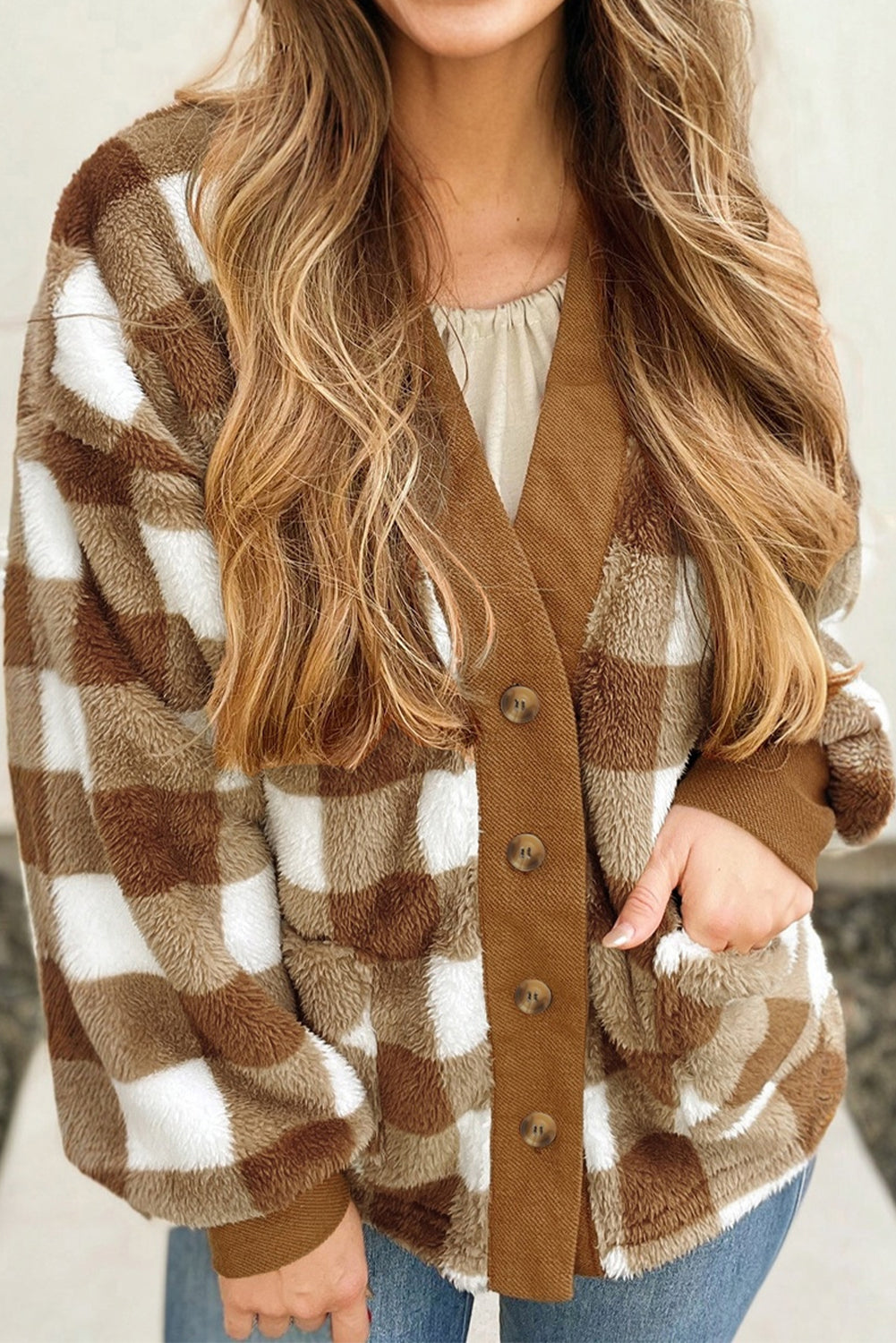 Brown Checkered Sherpa Loose Knit Cardigan with Pockets Cardigans 66ff309c9cb14843