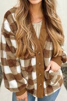 Brown Checkered Sherpa Loose Knit Cardigan with Pockets Cardigans 66ff309c9cb14843