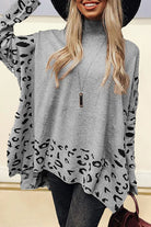 Gray Leopard Casual Side Slit High Neck Oversized Sweater Sweaters 671a6501b6ef3989