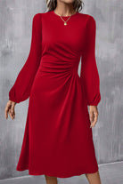 Fiery Red Solid Color Ruched Detail Long Sleeve Midi Dress Midi Dresses 6726610327a5fef3