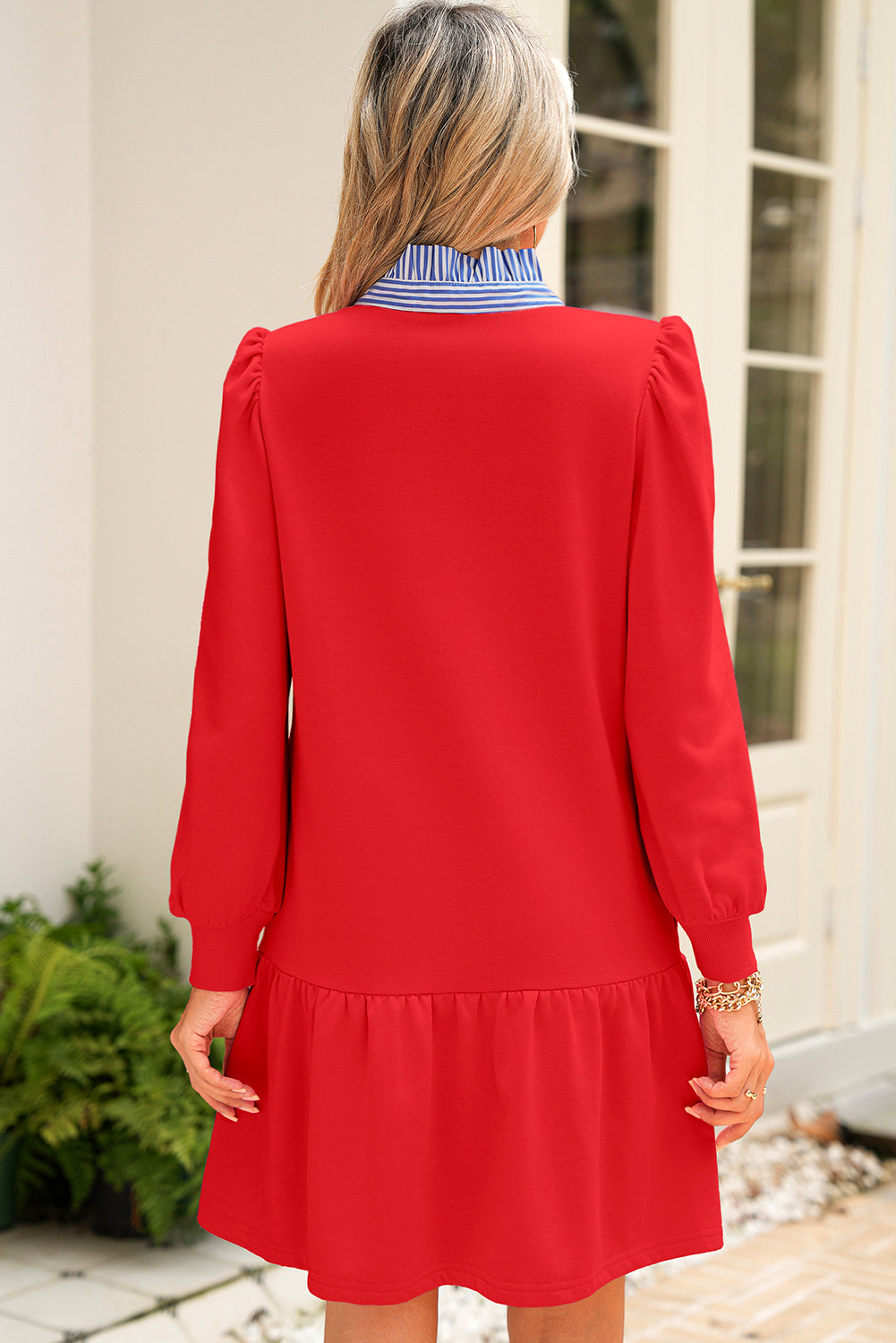 Fiery Red Striped Collar Long Sleeve Ruffle Hem Dress Short Dresses 673837c318e5b1dd