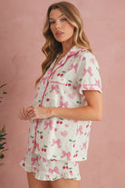Beige Bow and Cherry Print Ruffle Hem Shorts Pajama Set Two Piece Shorts Sets 673bbe065fb14de2
