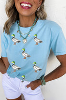 Light Blue Mallard Duck Graphic Sequins Patch Casual Tee Graphic Tees 6746104a8b590aae