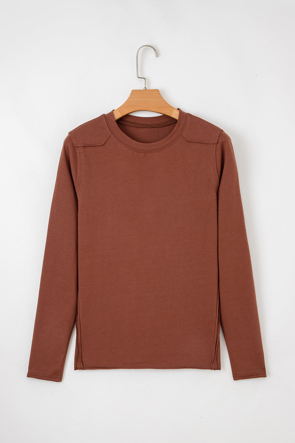 Chestnut Raw Seam Detail Solid Color Long Sleeve Top Long Sleeve Tops 67484803975bbd07
