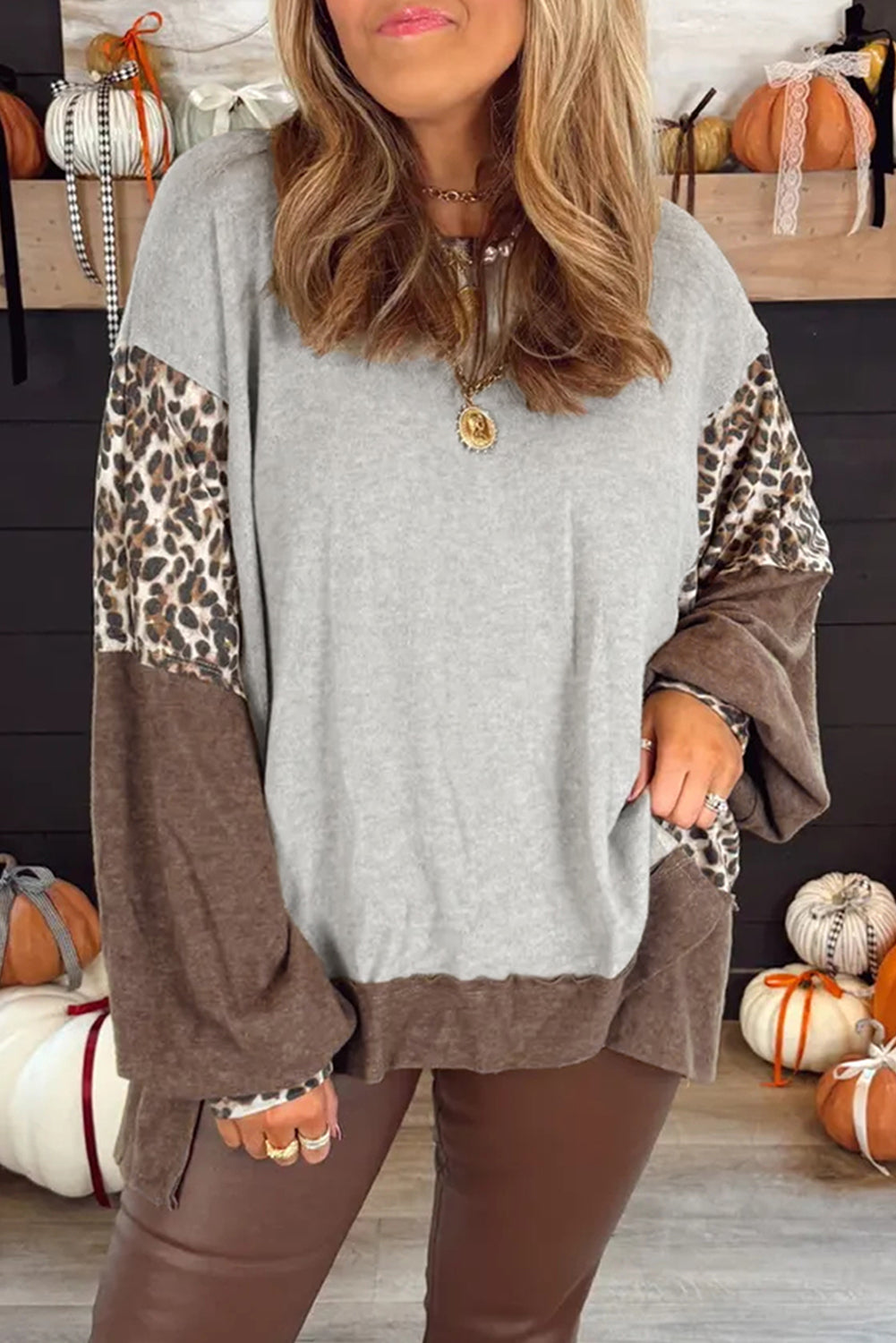 Gray Leopard Patchwork Dolman Sleeve High Low Baggy Sweatshirt Sweatshirts & Hoodies 675c00b201aac139