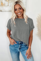 Medium Grey Crinkle Rib Knit Exposed Seam Round Neck T-shirt T Shirts 675f85959a4d91fd