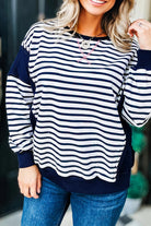 Blue Stripe Contrast Stitched Detail Color Block Patchwork Plus Size Sweatshirt Plus Size Tops 675f94be18ad1819