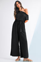Black Checkered Mesh One Shoulder Short Sleeve Knotted Waist Jumpsuit Jumpsuits 67a728b5b7f6e425