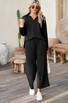 Light Grey Solid Textured Collared V Neck Top and Wide Leg Pants Set Two Piece Pants Sets 67b5289ff8ea659d