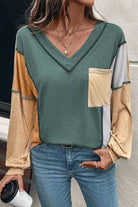 Green Exposed Stitching Colorblock V Neck Long Sleeve Top Long Sleeve Tops 67dc9dc836ac123a