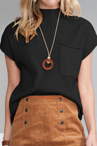 Oatmeal Patch Pocket Ribbed Knit Short Sleeve Sweater Knit Tops 6804e0704fdd398b