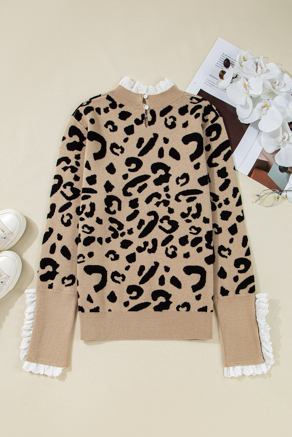 Brown Leopard Pattern Lace Trim Ribbed Detail Button Cuffed Sweater Sweaters 684f633309eabdae