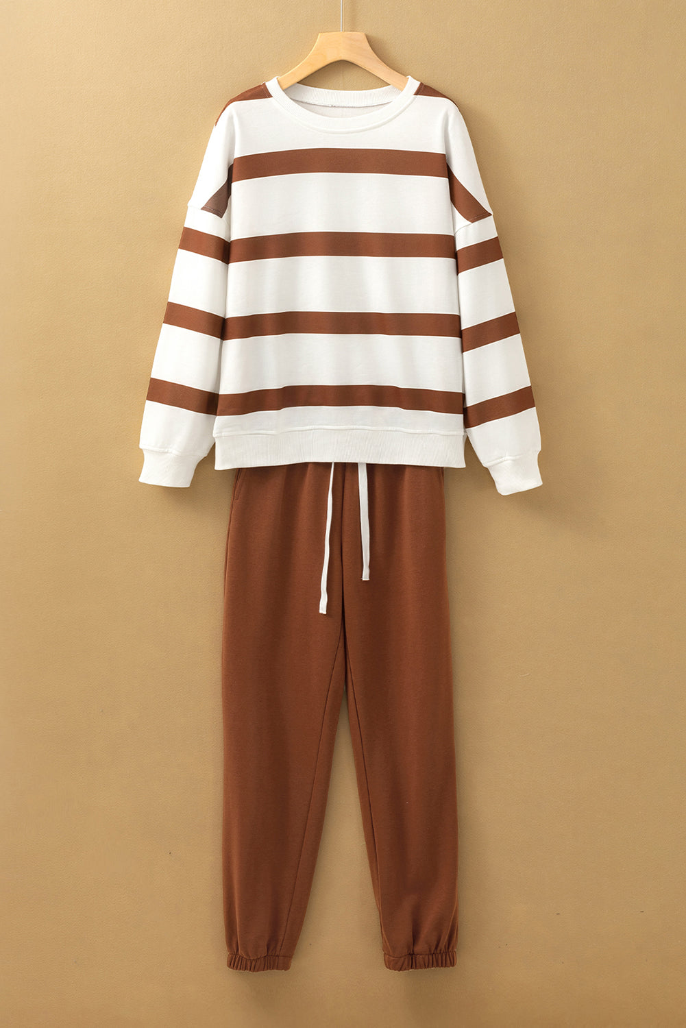 Light French Beige Striped Drop Shoulder Pullover and Joggers Set Two Piece Pants Sets 6859cecec0a5872a