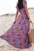 Blue Boho Floral Print V Neck Wrap Split Maxi Dress Maxi Dresses 6895a03080c0db9a