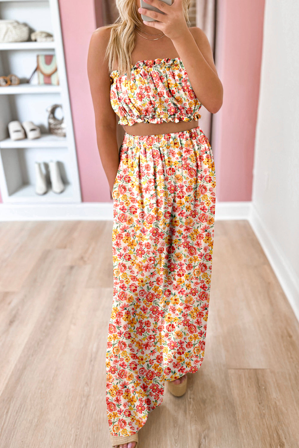 Pink Boho Floral Bandeau Top and High Waist Wide Leg Pants Set Two Piece Pants Sets 689f69106284eef1