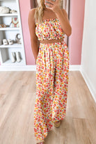 Pink Boho Floral Bandeau Top and High Waist Wide Leg Pants Set Two Piece Pants Sets 689f69106284eef1