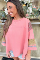 Gossamer Pink Floral Color Block Patchwork Long Sleeve Top Long Sleeve Tops 68c96e43fcb10170