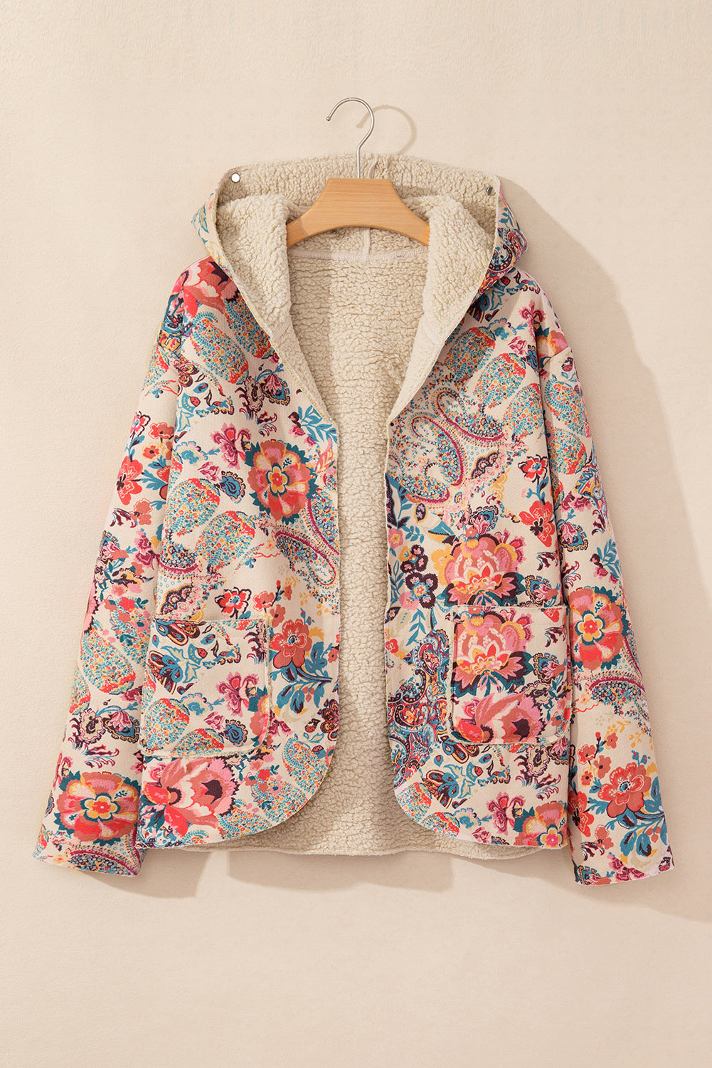 Beige Vintage Paisley Floral Printed Sherpa Lined Hooded Jacket Jackets 68d2cb6c9c4bf921