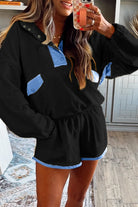 Black Colorblock Patchwork Half Button Pullover and Shorts Outfit Two Piece Shorts Sets 690efa8252516740