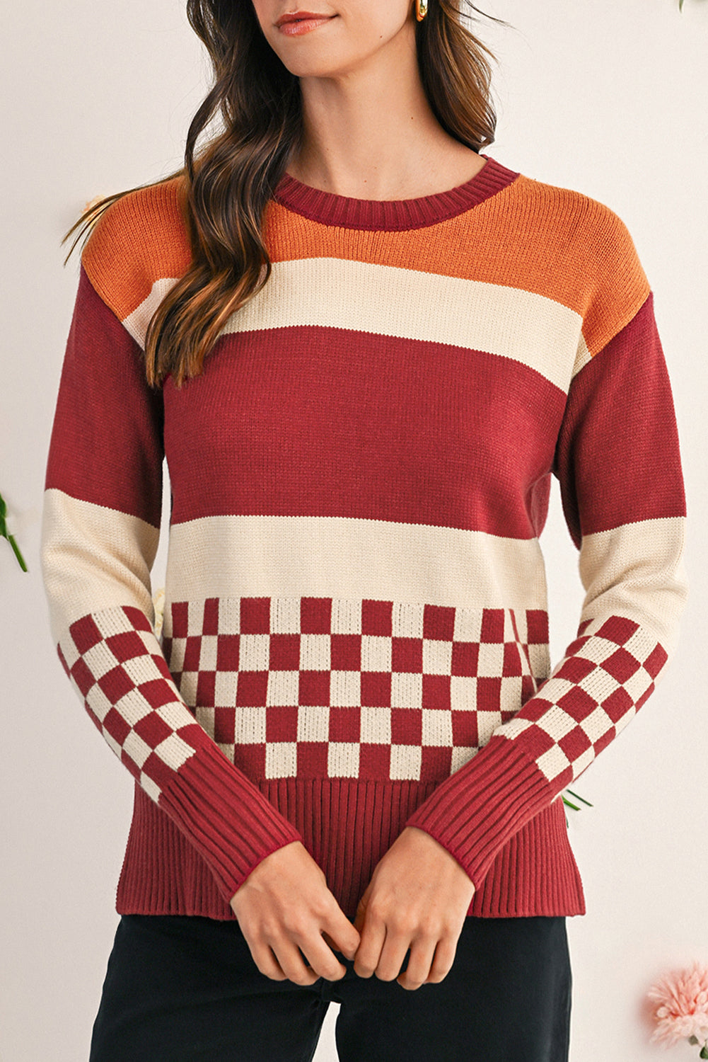 Brown Checkered Colorblock Knitted Drop Shoulder Sweater Sweaters 691b9766bd480496