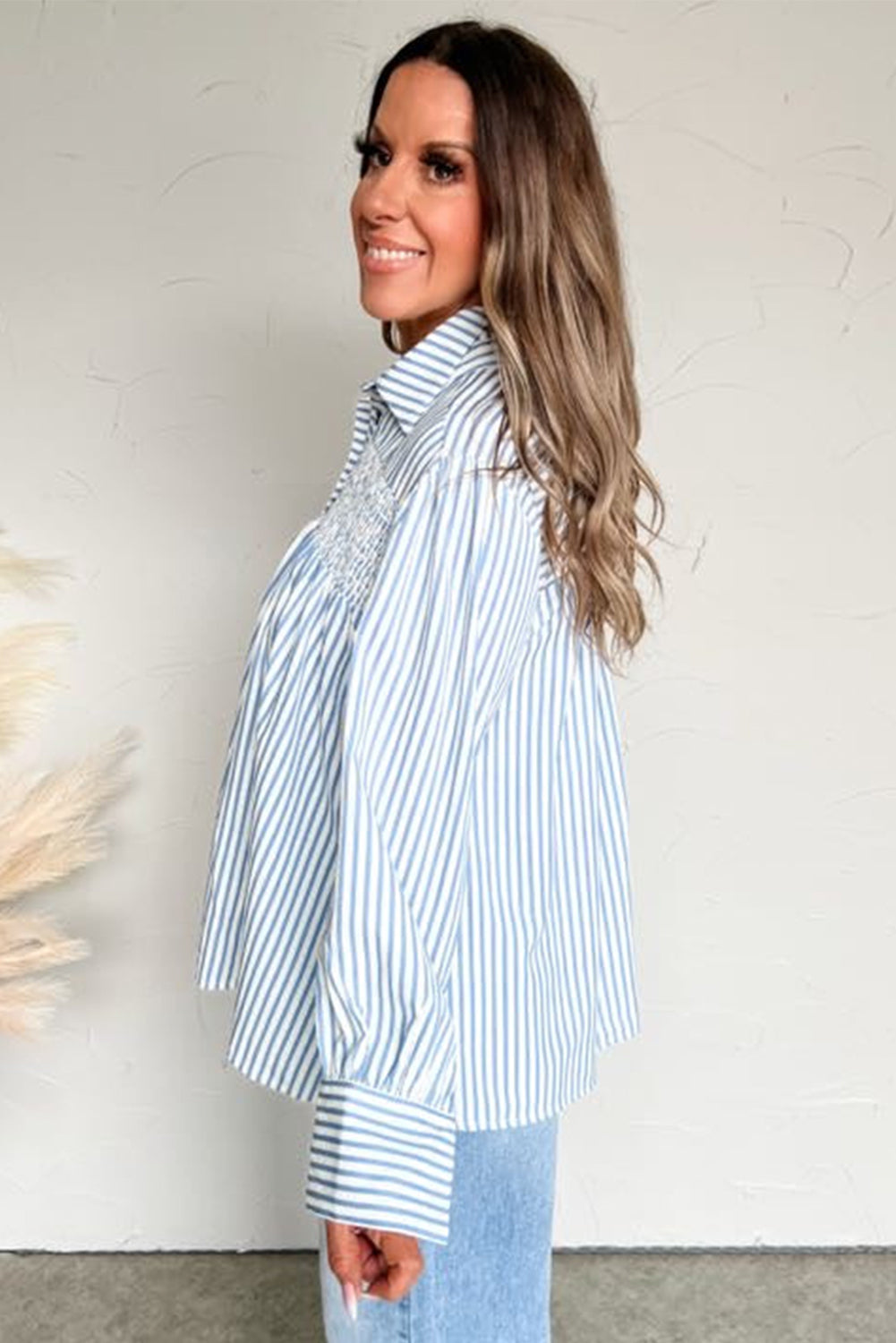Sky Blue Striped Smocked Long Sleeve Quarter Button Shirt Blouses 6927567d605250c2