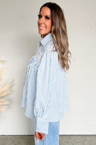 Sky Blue Striped Smocked Long Sleeve Quarter Button Shirt Blouses 6927567d605250c2