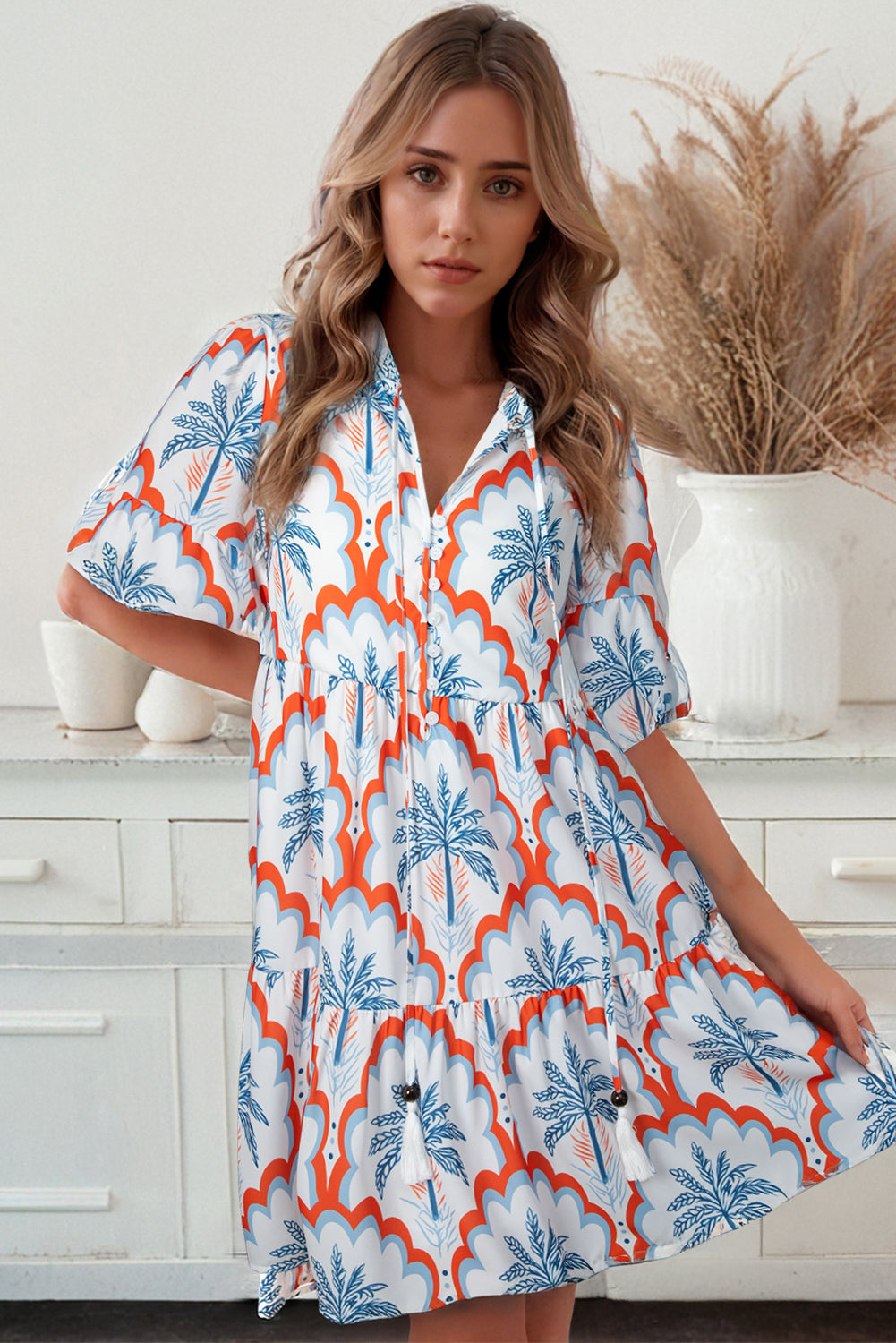 Orange Palm Tree Print Short Sleeve Flowy Dress Short Dresses 6938e178430ce01f