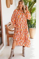 Multicolor Boho Floral Collared Long Sleeve Dress Midi Dresses 6947ed99ae308458