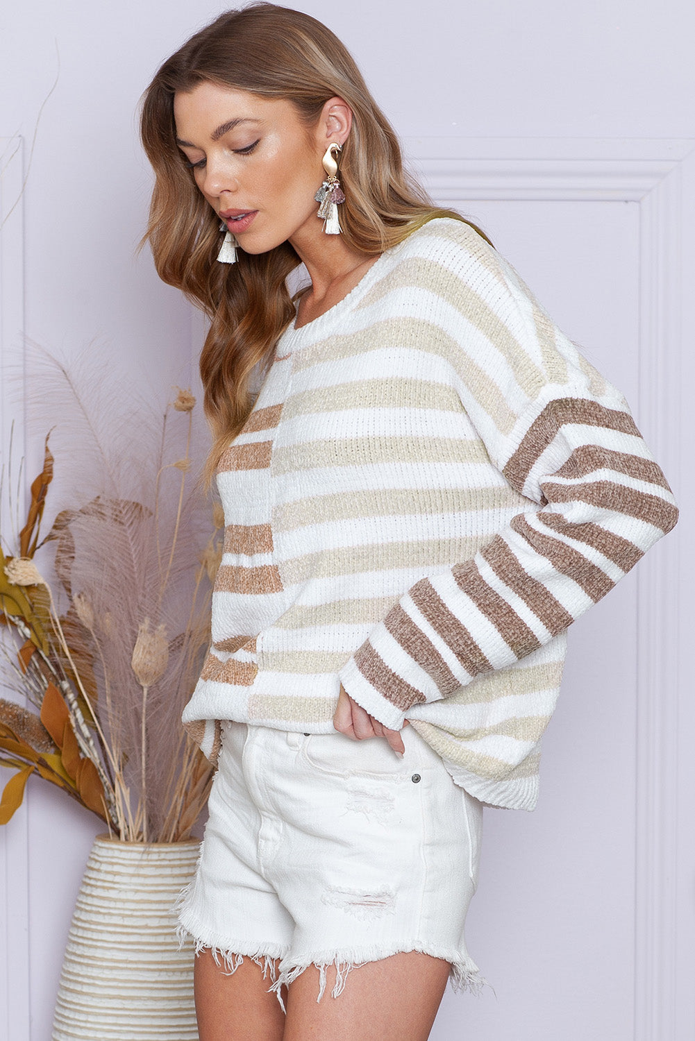 Color Block Drop Shoulder Pullover Striped Sweater Sweaters 696f0f78daae58b7