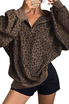 Beige Leopard Print Quarter Zip Corduroy Sweatshirt Sweatshirts & Hoodies 69776eecca721b2f