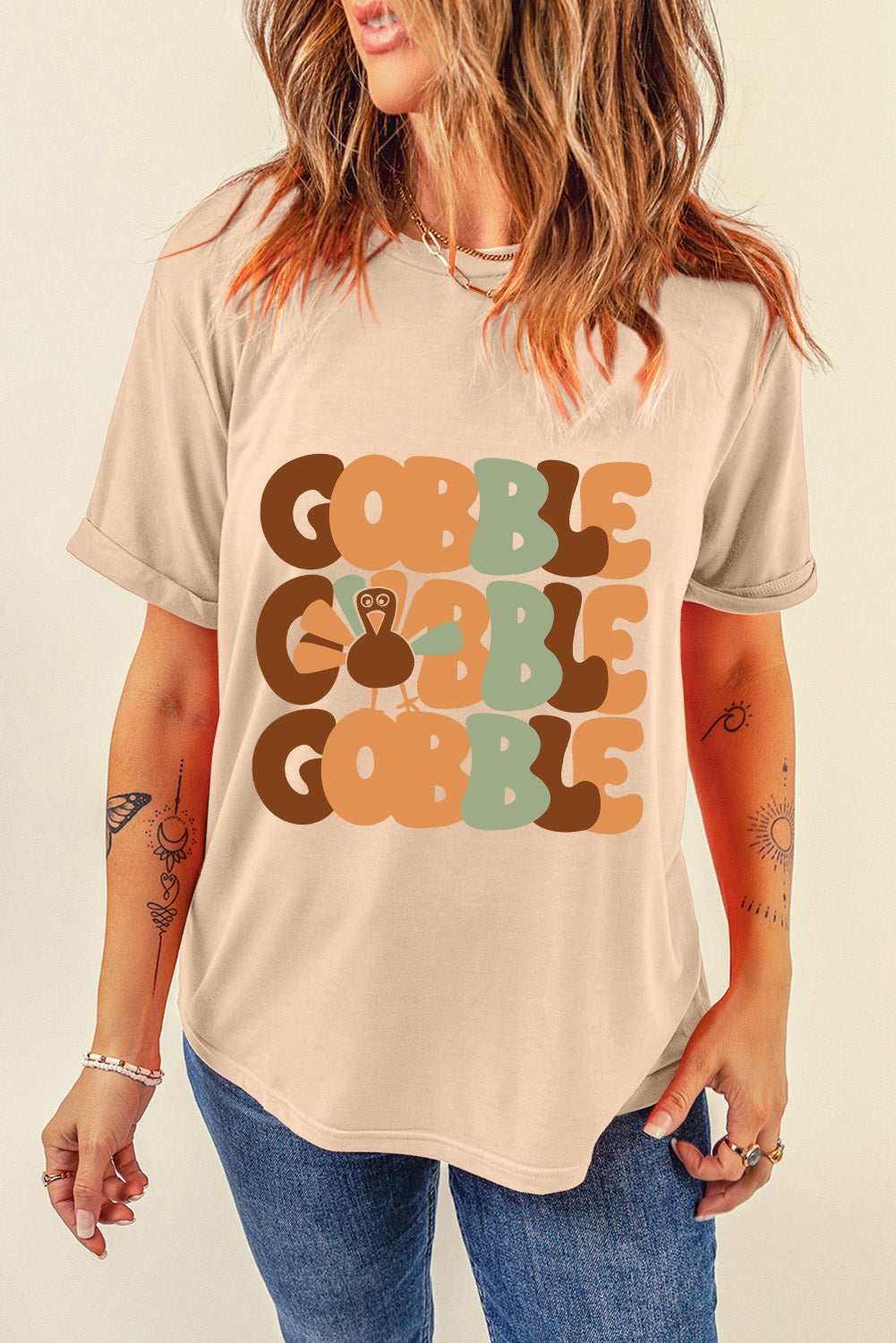 Khaki GOBBLE Turkey Heat Transfer Printing Thanksgiving Graphic Tee Graphic Tees 697808923e3279e2