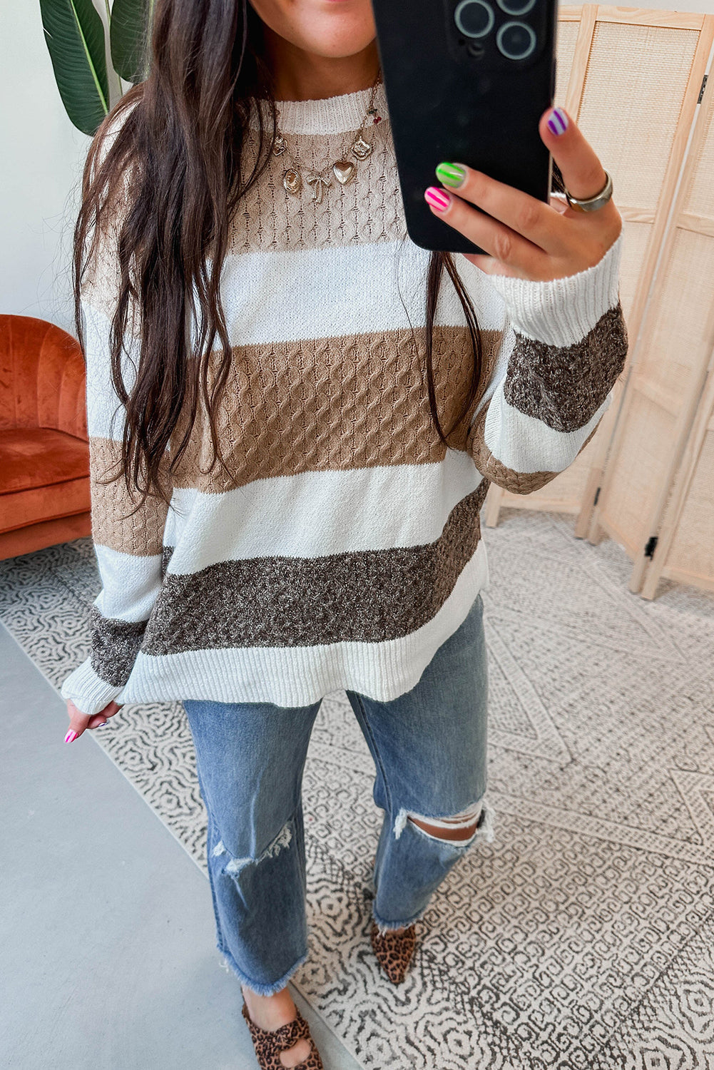 Brown Mixed Texture Knit Striped Colorblock Loose Sweater Sweaters 69c4ce8397b6bc98