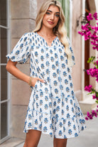 Sky Blue Floral Print Puff Sleeve Tiered Mini Dress Short Dresses 69dca3a79ff20745