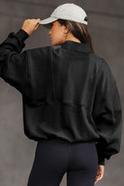 Black Half Zip Stand Collar Exposed Seam Solid Color Casual Sweatshirt Sweatshirts & Hoodies 69f8fe81998e43d9