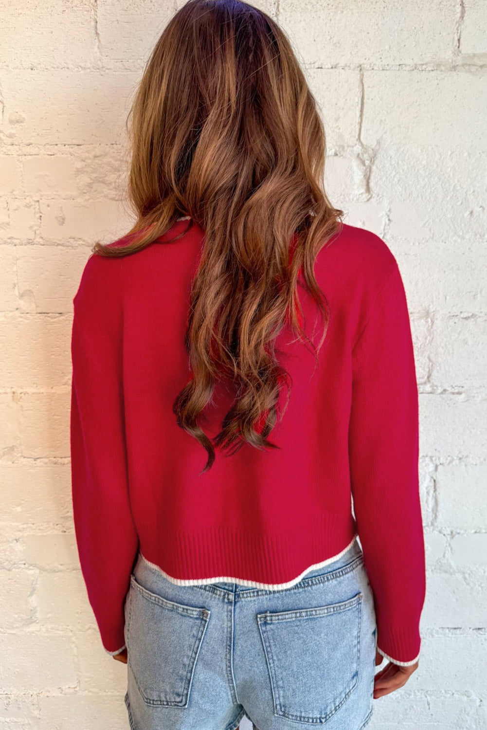 Fiery Red Contrast Trim Big Bow Accent Cropped Sweater Sweaters 6a29e1bdf6aa3d6e