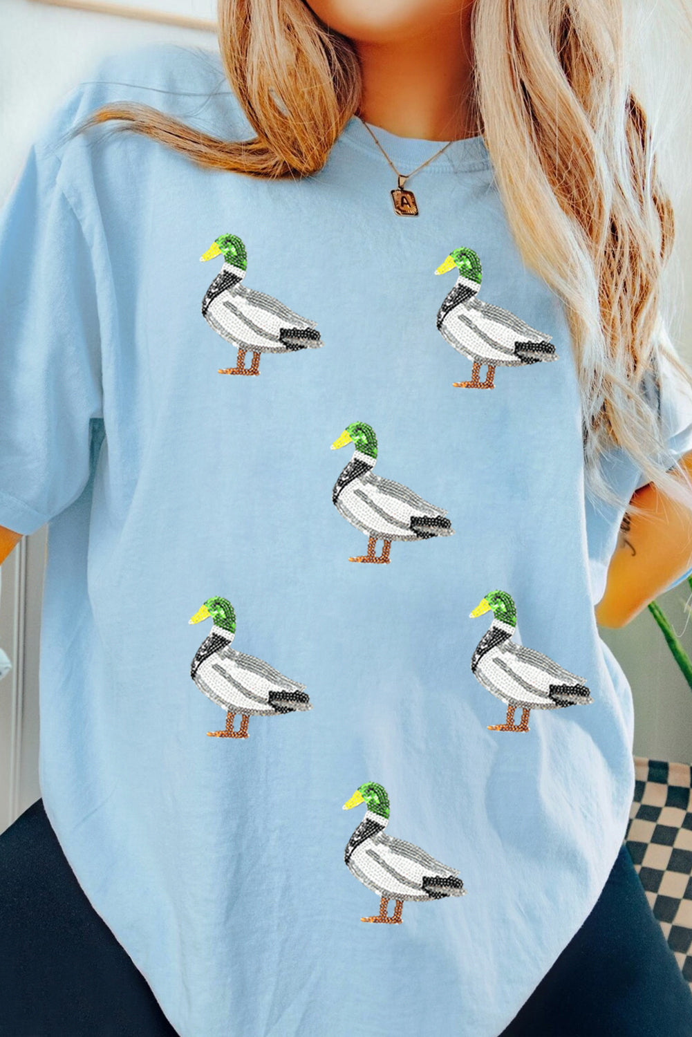 Light Blue Mallard Duck Graphic Sequins Patch Casual Tee Graphic Tees 6a41b4d2542efd2d