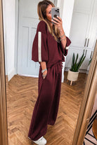 Burgundy Varsity Striped 3/4 Sleeve Pullover Drawstring Sweatpants Set Two Piece Pants Sets 6a698a5ac204cd21
