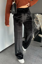 Black Shiny Velvet Drawstring High Waist Straight Leg Casual Pants Pants 6a927fc167d3a6e6