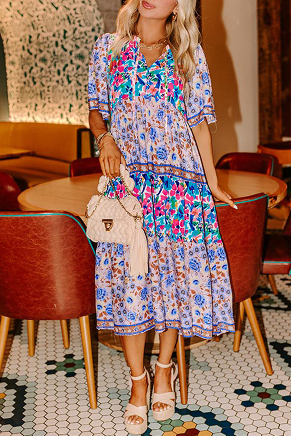 Sky Blue Mixed Floral Print Tie Split Neck Short Sleeve Dress Midi Dresses 6aaa1c5306fc1000