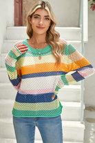 Green Colorblock Striped Hollow Knitted Top Knit Tops 6b21c498dbd64ddd