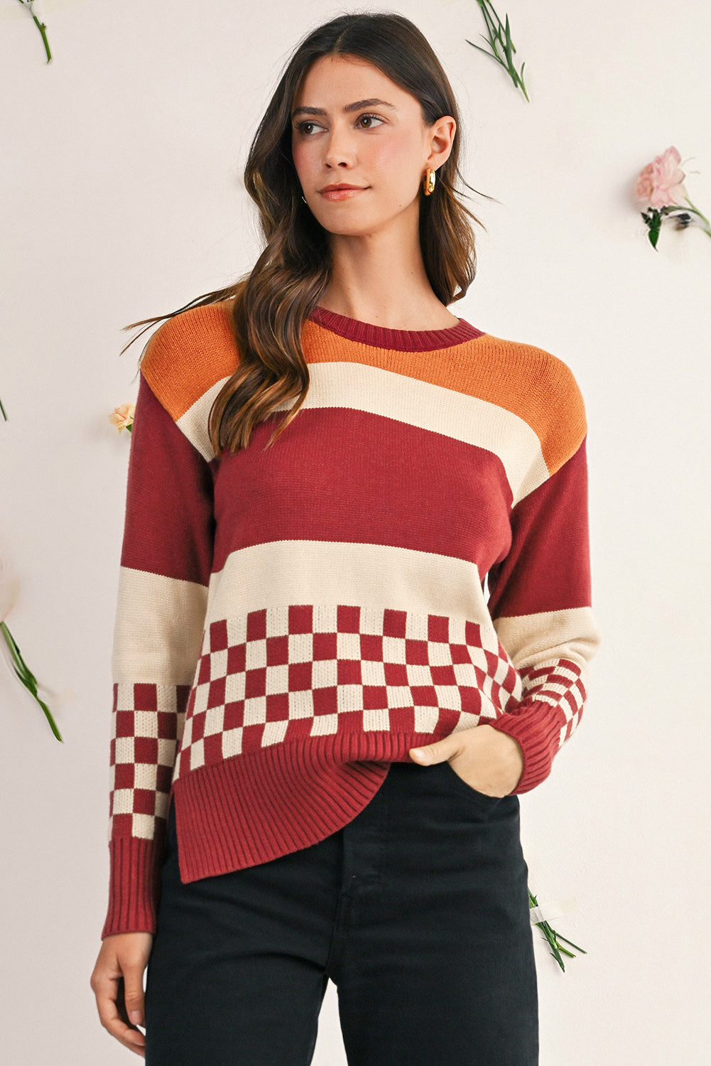 Brown Checkered Colorblock Knitted Drop Shoulder Sweater Sweaters 6b280bc88e503917