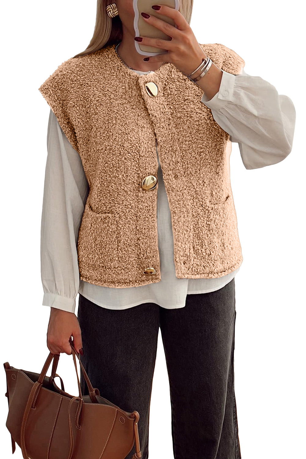 Light French Beige Big Button Accent Fuzzy Pocket Vest Vests 6b2b3df9c2f20205